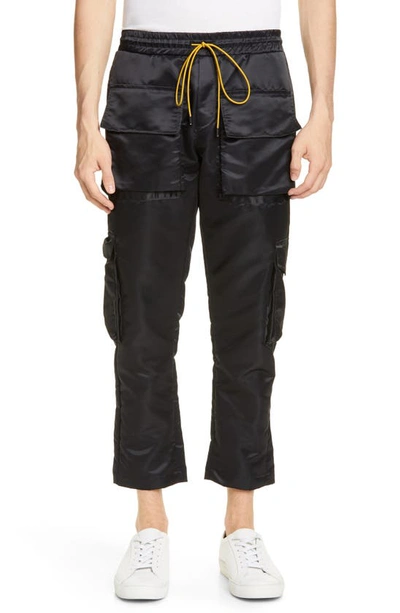 Rhude Cropped Satin Cargo Pants In Satin Black