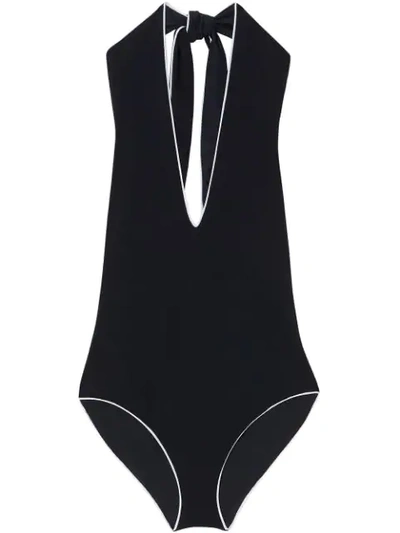 Burberry Piping Detail Halterneck Swimsuit In Black