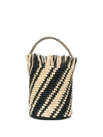 Sensi Studio Side Stripes Baby Straw Bucket Bag In Beige,black