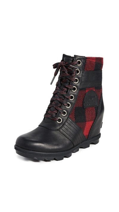 Sorel Lexie Tartan Lace-up Wedge Boots In Black