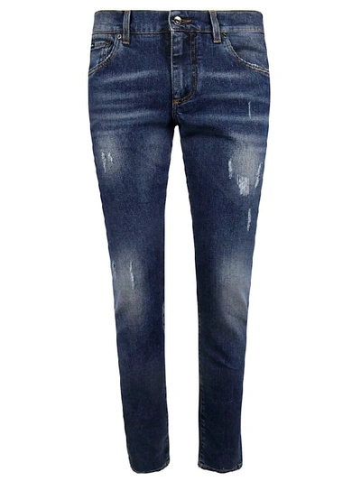 Dolce & Gabbana Slim Denim Stretch Jeans In Patched Blue