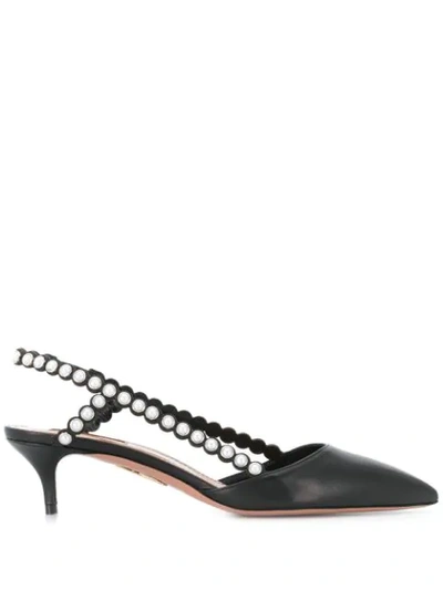 Aquazzura Pearl 45 Embellished Leather Slingback Pumps In Black