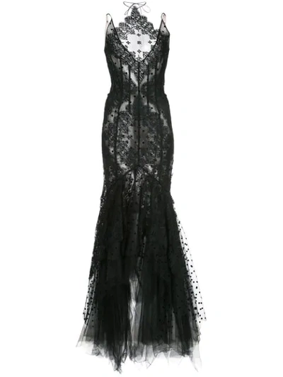 Oscar De La Renta Lace Embroidered Evening Gown In Black