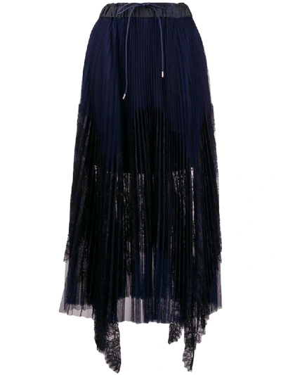 Sacai Lace Pleated Slit Midi Skirt In Navy