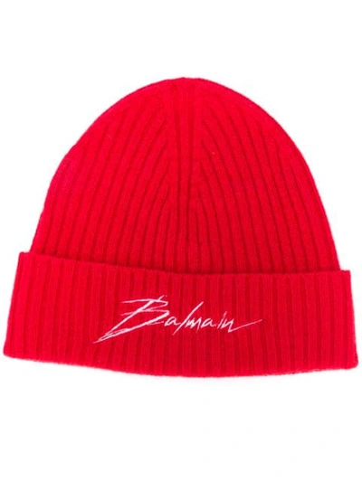 Balmain Ribbed Beanie Hat In Red