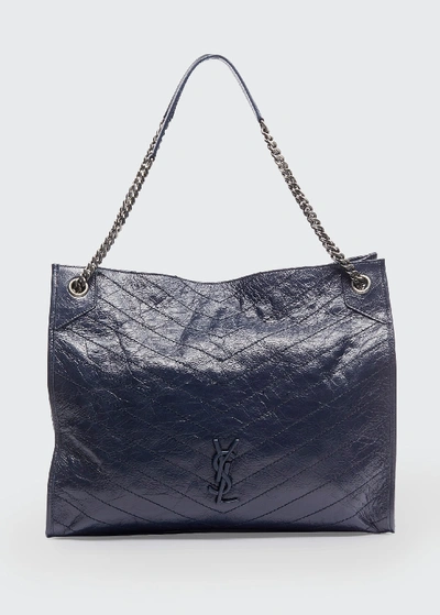 Saint Laurent Niki Large Crinkled Calf Shopper Tote Bag In Navy