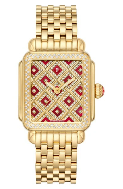 Michele Deco Chateau Mosaic Diamond Watch Head, 33mm X 35mm In Cabernet Mop/ Gold