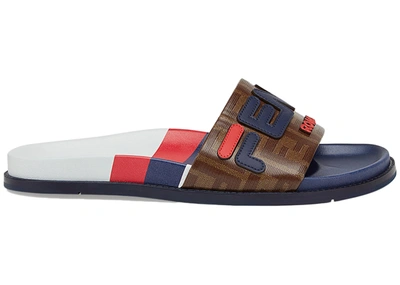 Pre-owned Fila Fendi Slides Multi-color In White/ Navy- Red-brown