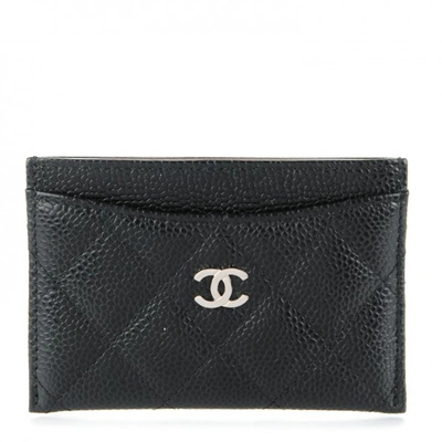 Pre-owned Chanel  Card Holder Quilted Caviar Silver-tone Black