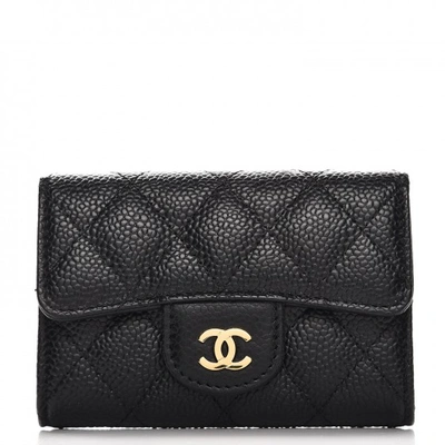 Pre-owned Chanel  Card Holder Quilted Caviar Gold-tone Black
