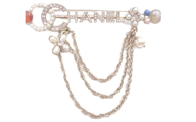 Pre-owned Chanel  Chain Bar Brooch Crystal Pearl Silver Multicolor