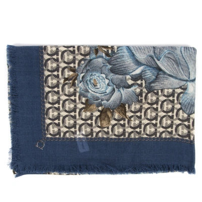 Ferragamo Blue Wool Patchwork Print Shawl In Grey