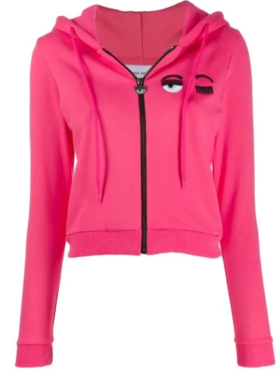 Chiara Ferragni Wink Embroidery Zipped Hoodie In Fuchsia