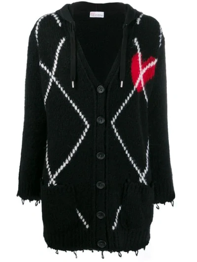 Red Valentino Argyle-pattern Long-line Cardigan In Black,white,red
