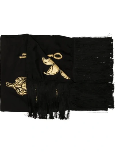 Oscar De La Renta Woodblock Floral Embroidery Scarf In Black