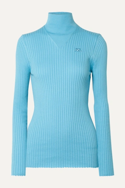 Courrèges Ribbed Cotton Turtleneck Sweater In Blue