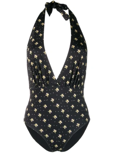 Rixo London Annika Floral-print Halterneck Swimsuit In Black