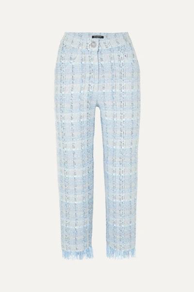 Balmain Cropped Metallic Tweed Straight-leg Pants In Blue