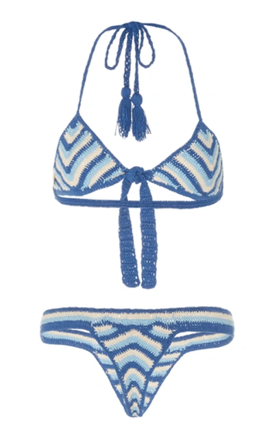 Akoia Swim Iris Crocheted Cotton Bikini Set In Blue