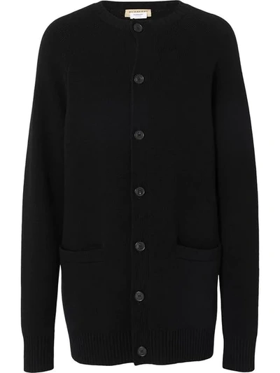 Burberry Crewneck Cashmere Knit Cardigan In Black