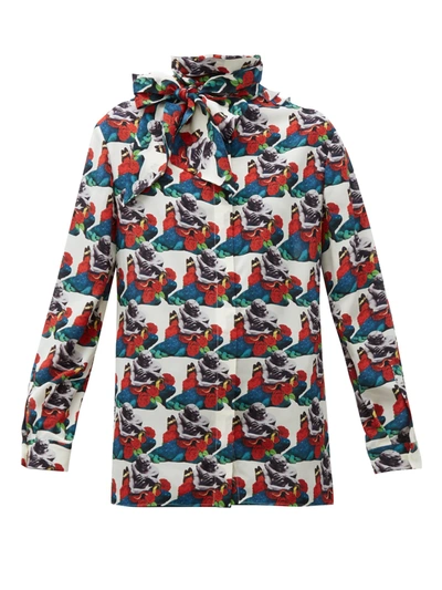 Valentino Lovers-print Pussy-bow Silk Blouse In White Print