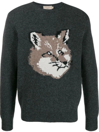 Maison Kitsuné Fox Head-intarsia Lambswool Sweater In Grey