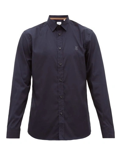 Burberry Louis Logo-embroidered Stretch-cotton Shirt In Navy