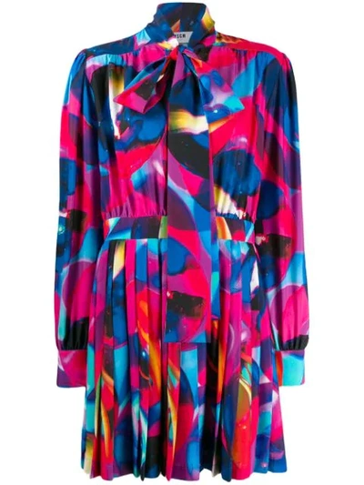 Msgm Printed Pussy Bow Mini Dress In Blue