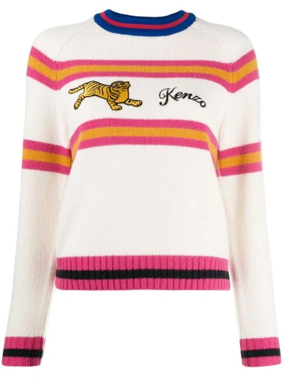 Kenzo Stripe Embroidered Tiger Jumper In White