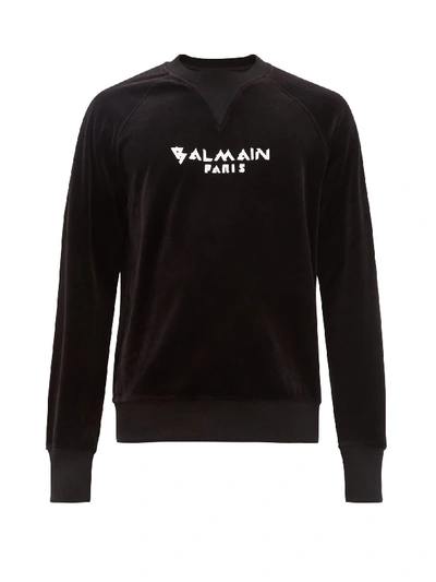 Balmain Logo-print Cotton-blend Velvet Sweatshirt In Black