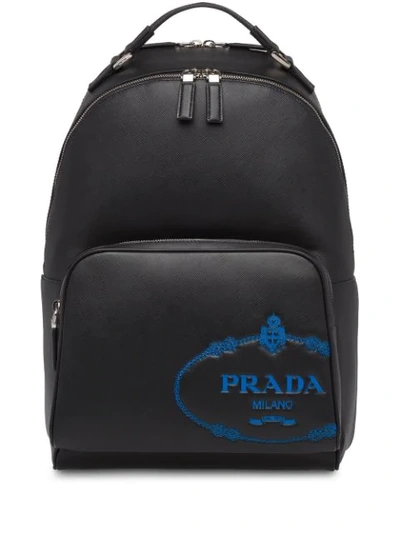 Prada Saffiano Leather Logo Backpack In Black