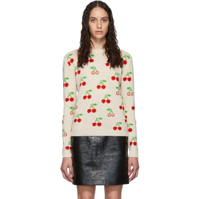 Gucci Gg & Cherry Intarsia Wool Knit Sweater In 9376 White