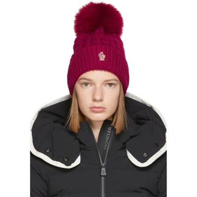 Moncler Wool Cable Knit Hat W/ Pom Pom In Pink