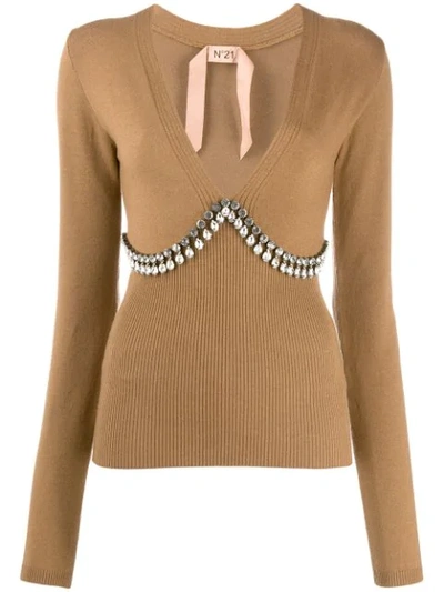 N°21 Crystal Embellished Jumper In Neutrals