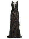 Basix Black Label Women's Lace & Feather Trim Column Gown In Black