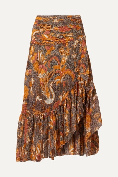 Ulla Johnson Ailie Ruffled Printed Cotton-blend Midi Skirt In Amber