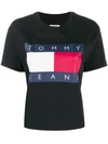 Tommy Jeans Cropped Cotton Flag Logo T-shirt In Sky Captain