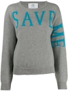 Alberta Ferretti Crew-neck Pullover With Save Me Writing In Grey,light Blue