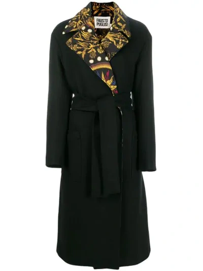 Fausto Puglisi Printed Collar Belted Coat In Black