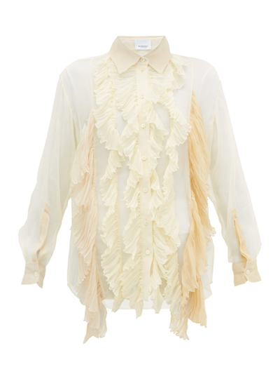 Burberry Button-down Long-sleeve Mulberry Silk Ruffle Top In Cream