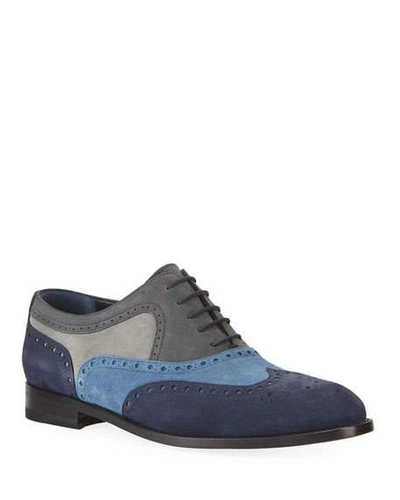 Manolo Blahnik Men's Colorblock Suede Wing-tip Oxford Shoes In Blue