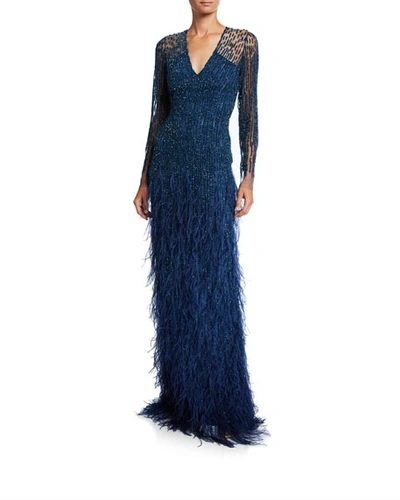 Pamella Roland Ombre Sequined Illusion Long-sleeve Gown In Blue