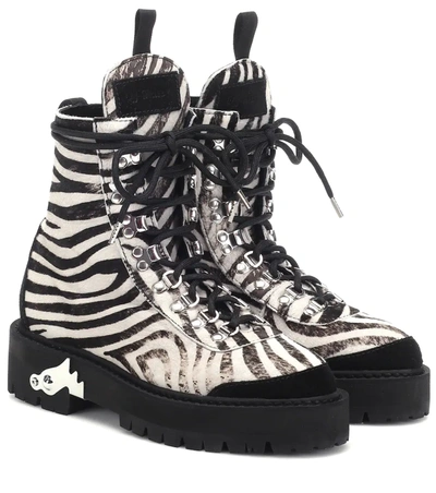 Off-white All Over Hiking Boots In Zebra Printed Calf Leather In Black,white
