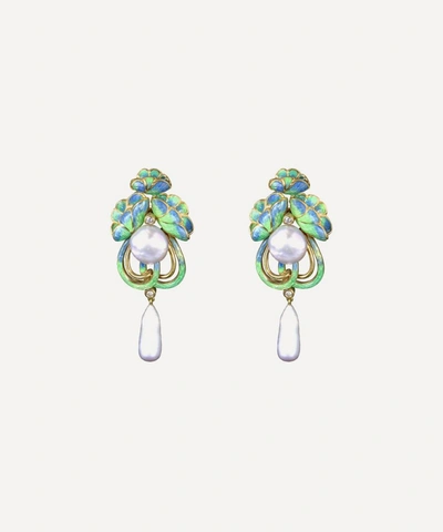 Kojis Gold Art Nouveau-style Enamel Diamond And Pearl Drop Earrings