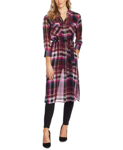 Vince Camuto Plaid Escape Belted Duster In Merlot