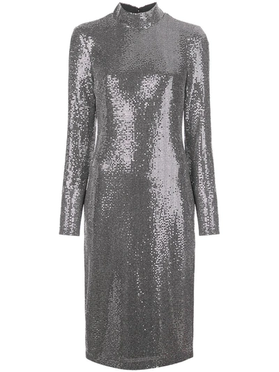 Badgley Mischka Sequin Mock-neck Long-sleeve Sheath Dress In Silver