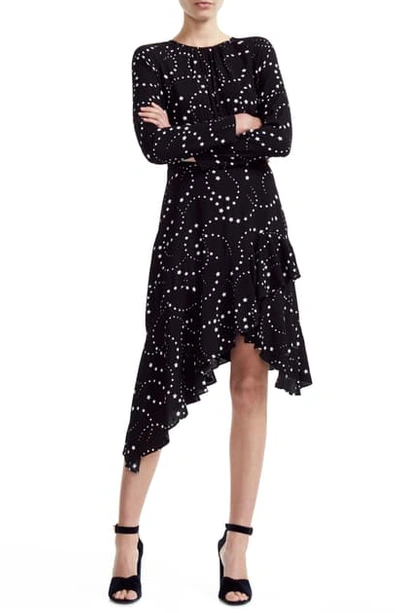 Maje Retoile Star Print Asymmetrical Long Sleeve Dress In Black