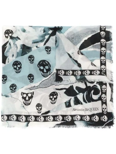 Alexander Mcqueen Rose And Skull Print Scarf In Blue
