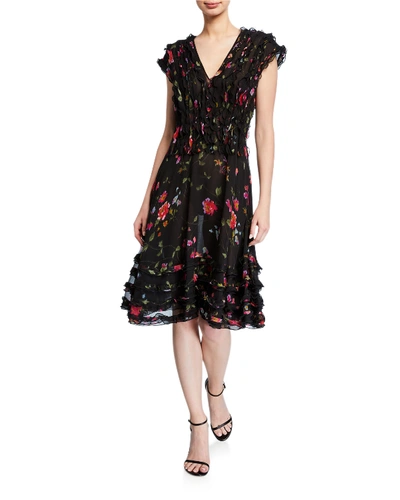 Jason Wu Ruffled Vine Print Silk-chiffon Dress In Black Pattern
