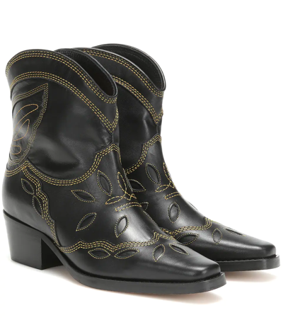 Ganni Low Texas Leather Cowboy Boots In Black